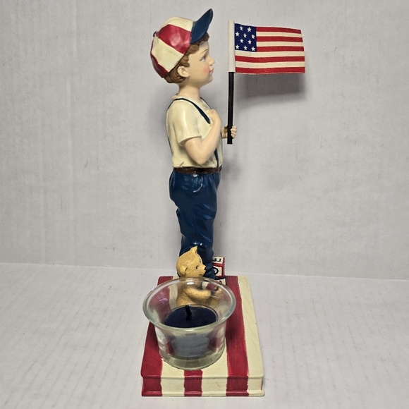 Pledge Allegiance Tea Light Holder Young Boy Holding American Flag Cloth - Picture 2 of 9